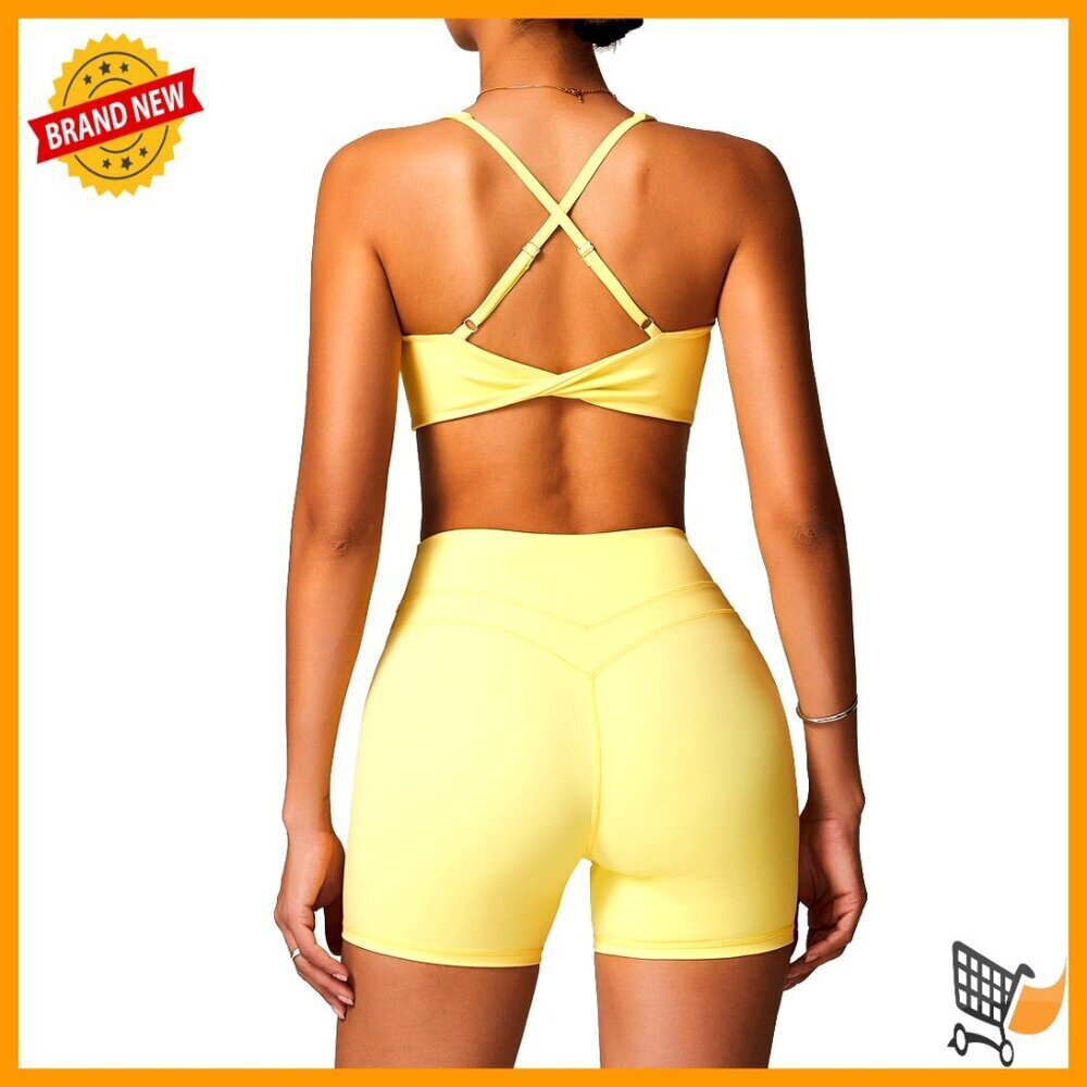 V-Neck Twist Back Sports Bra High Waist Biker Shorts 2-Piece Workout Set